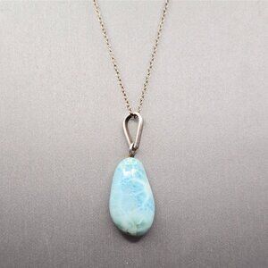 VTG Sterling Silver Larimar Pendant Necklace 18" Teardrop Signed F 6.79g